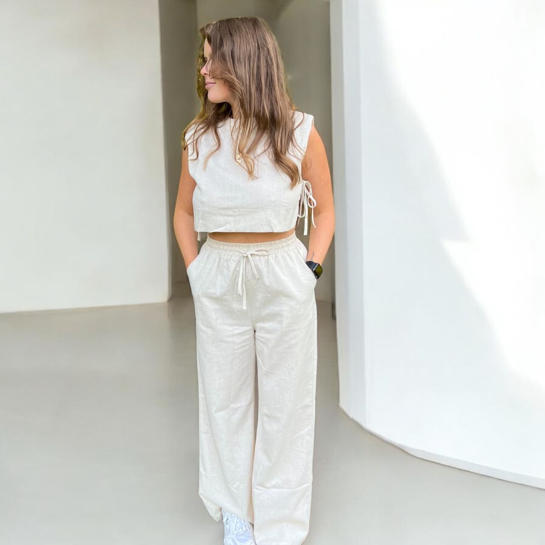 Millie 2 Pcs Women's Linen Matching Set - Casual Summer Co-ord Outfit, Breathable Top & Elastic Pants, Brown / S by Nordic Peace Millie 2 Pcs Women's Linen Matching Set - Casual Summer Co-ord Outfit, Breathable Top & Elastic Pants, Brown / S by Nordic Peace