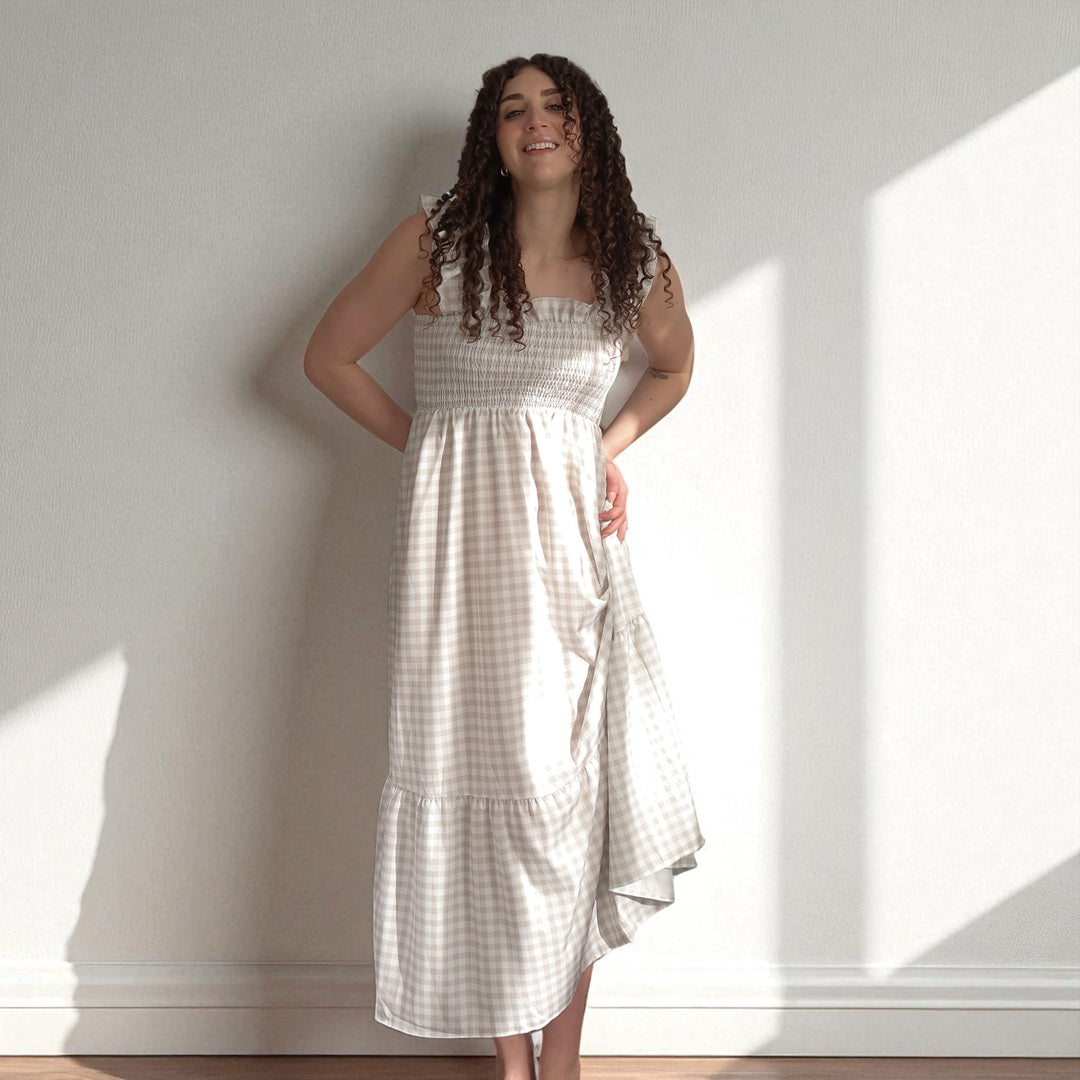 Olivia Gingham Maxi Dress Womens Sleeveless Beige Summer Dress, Long Comfy & Breathable Outfit, 3XL by Nordic Peace Olivia Gingham Maxi Dress Womens Sleeveless Beige Summer Dress, Long Comfy & Breathable Outfit, 3XL by Nordic Peace