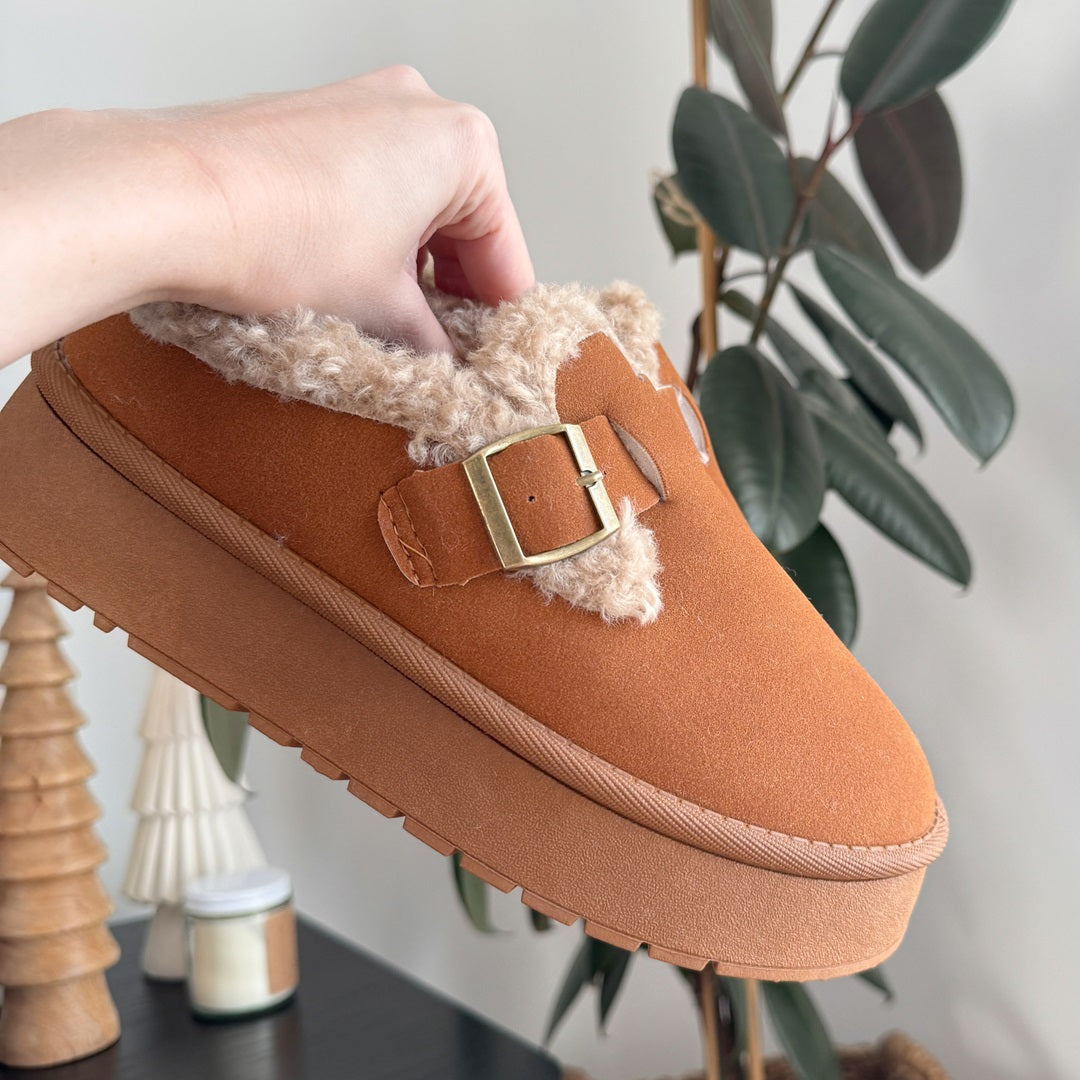 Fluffy Fleece Lined Buckle Platform Slippers