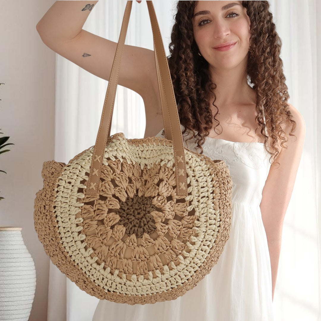 Callie Large Round Boho Woven Shoulder Bag