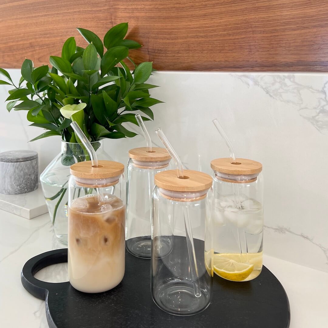 Glass Cups with Bamboo Lids and Straws 4pcs Set, Iced Coffee Cups