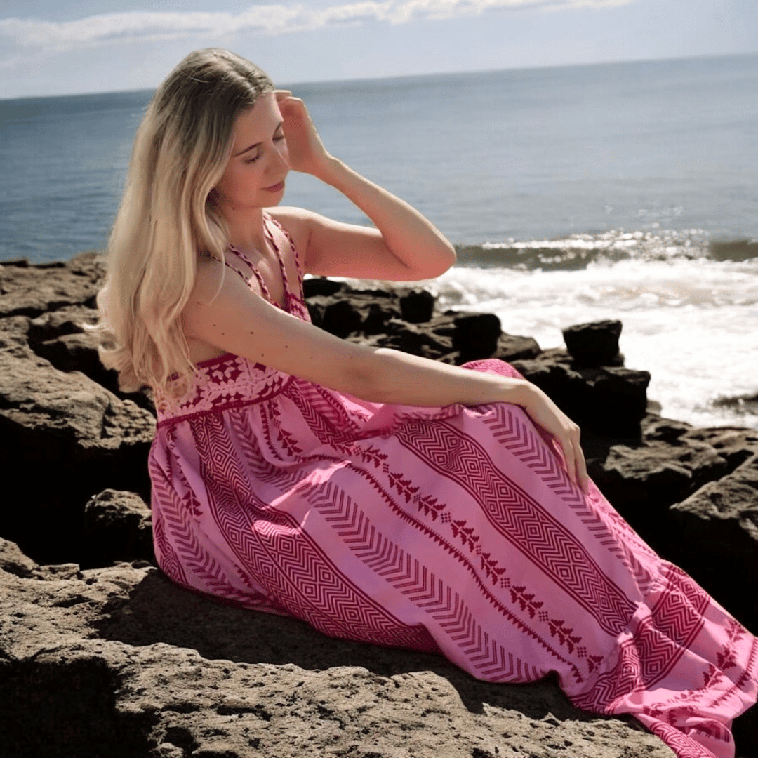 Livia Maxi Summer Sundress - Women's Soft & Breathable Knitted Long Summer Dress, Embroidered Details, Pink / XS by Nordic Peace Livia Maxi Summer Sundress - Women's Soft & Breathable Knitted Long Summer Dress, Embroidered Details, Pink / XS by Nordic Peace