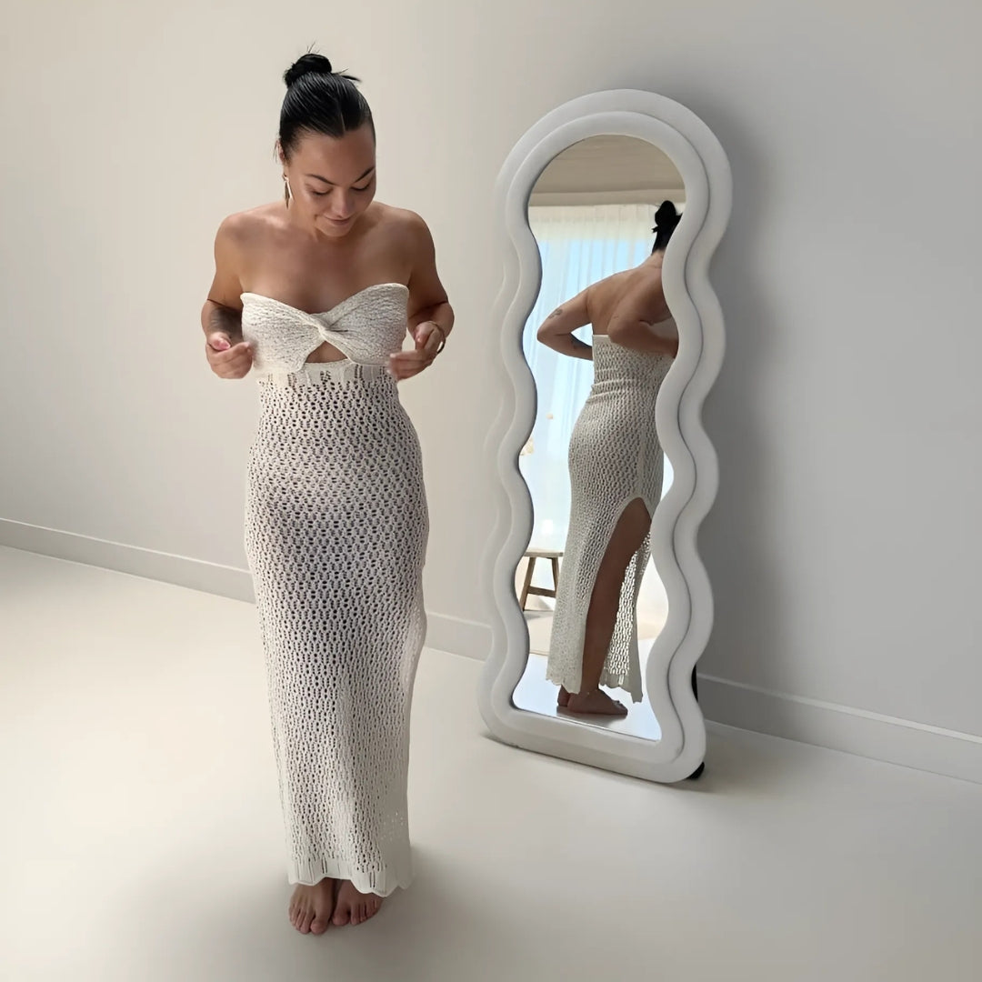 crochet white dress Belleza Women’s Crochet Maxi Dress – Strapless Hollow Out Knitted Sundress, Breathable Summer Beachwear, White / S by Nordic Peace