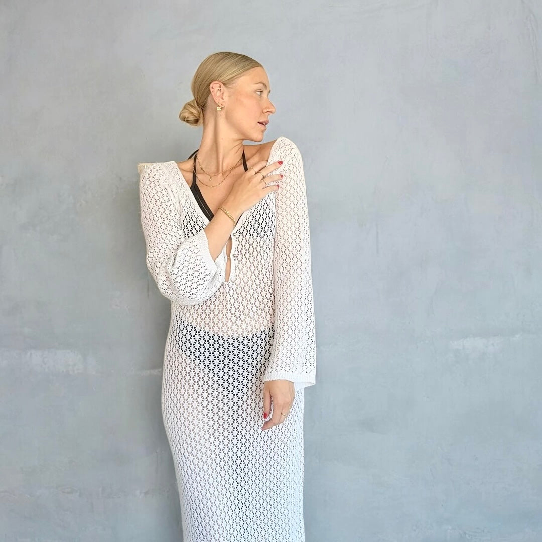 Eva Swimsuit Knit Cover-Up Beach Dress - Women's Crochet Bikini Cover Ups, Summer Hollow Details Beachwear, White / L by Nordic Peace Eva Swimsuit Knit Cover-Up Beach Dress - Women's Crochet Bikini Cover Ups, Summer Hollow Details Beachwear, White / L by Nordic Peace