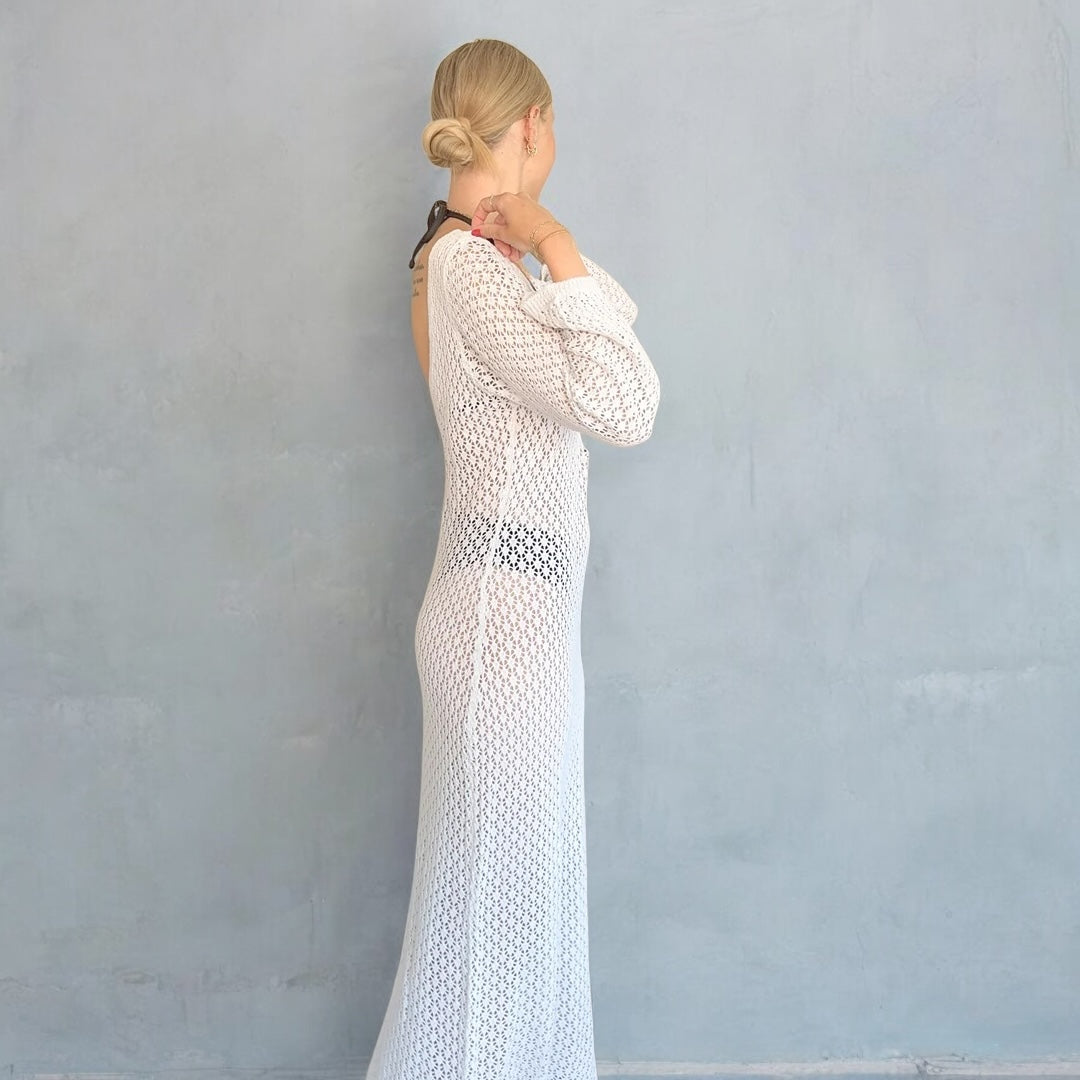 Eva Swimsuit Knit Cover-Up Beach Dress - Women's Crochet Bikini Cover Ups, Summer Hollow Details Beachwear, White / L by Nordic Peace Eva Swimsuit Knit Cover-Up Beach Dress - Women's Crochet Bikini Cover Ups, Summer Hollow Details Beachwear, White / L by Nordic Peace