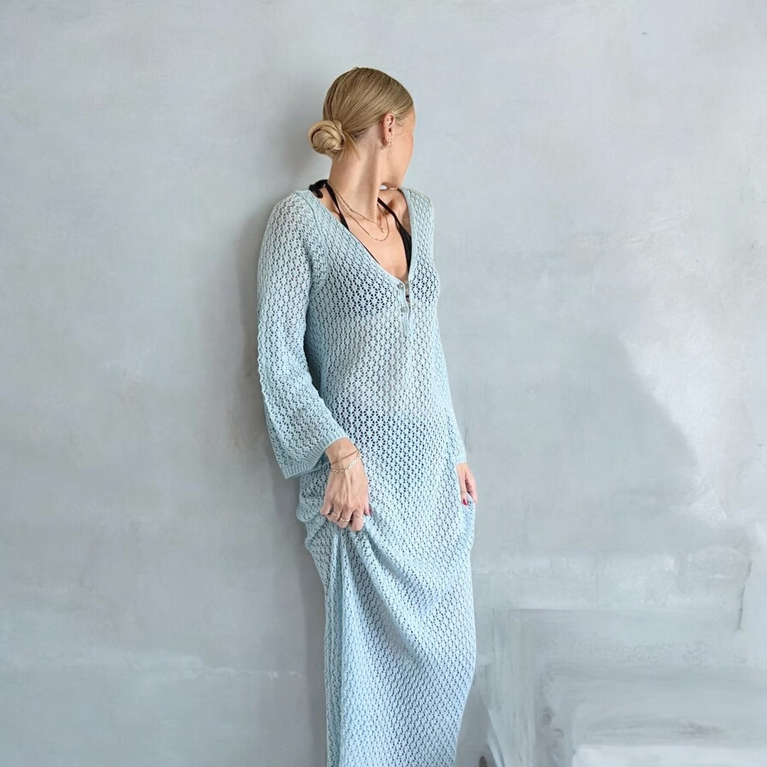 Eva Swimsuit Knit Cover-Up Beach Dress - Women's Crochet Bikini Cover Ups, Summer Hollow Details Beachwear, Blue / S by Nordic Peace Eva Swimsuit Knit Cover-Up Beach Dress - Women's Crochet Bikini Cover Ups, Summer Hollow Details Beachwear, Blue / S by Nordic Peace