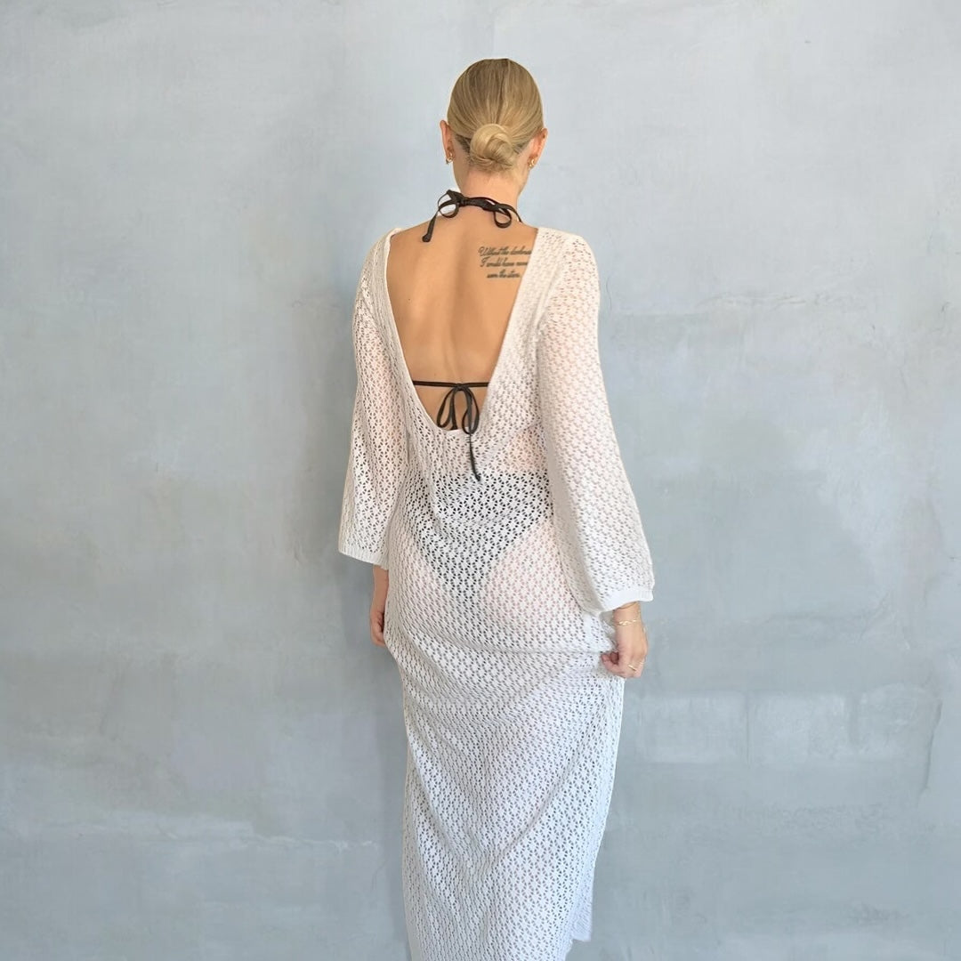 Eva Swimsuit Knit Cover-Up Beach Dress - Women's Crochet Bikini Cover Ups, Summer Hollow Details Beachwear, White / L by Nordic Peace Eva Swimsuit Knit Cover-Up Beach Dress - Women's Crochet Bikini Cover Ups, Summer Hollow Details Beachwear, White / L by Nordic Peace