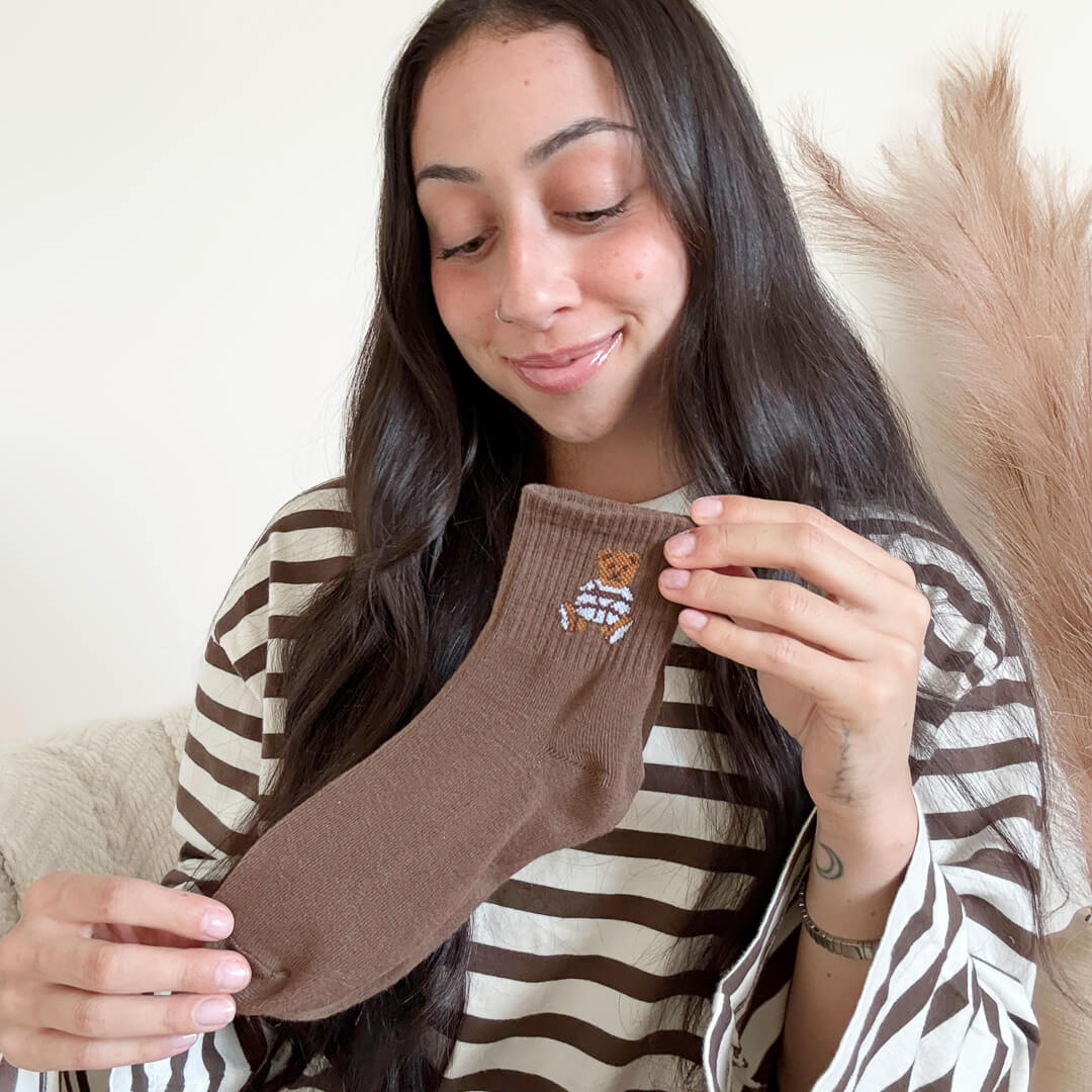 Soft breathable socks featuring embroidered teddy bear motifs