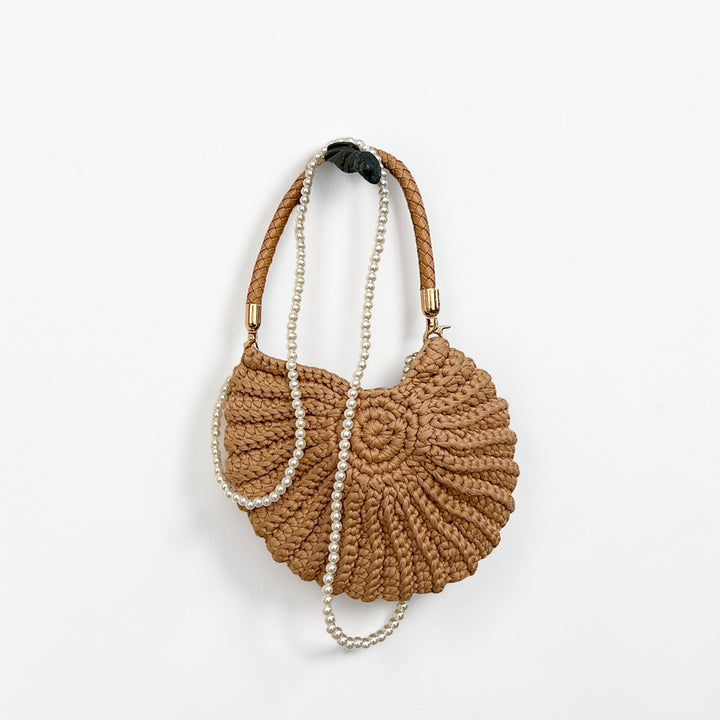 shell handbag with woven body and pearl chain strap