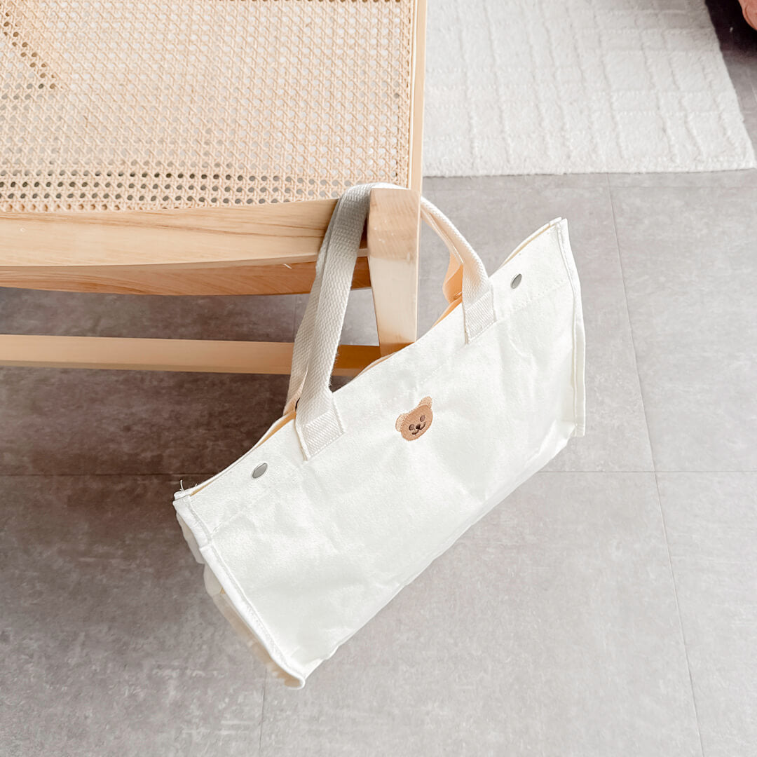 Aesthetic cream bear canvas bag with woven handles