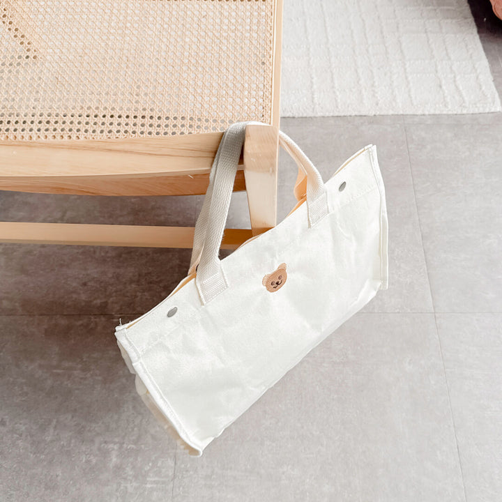Aesthetic cream bear canvas bag with woven handles