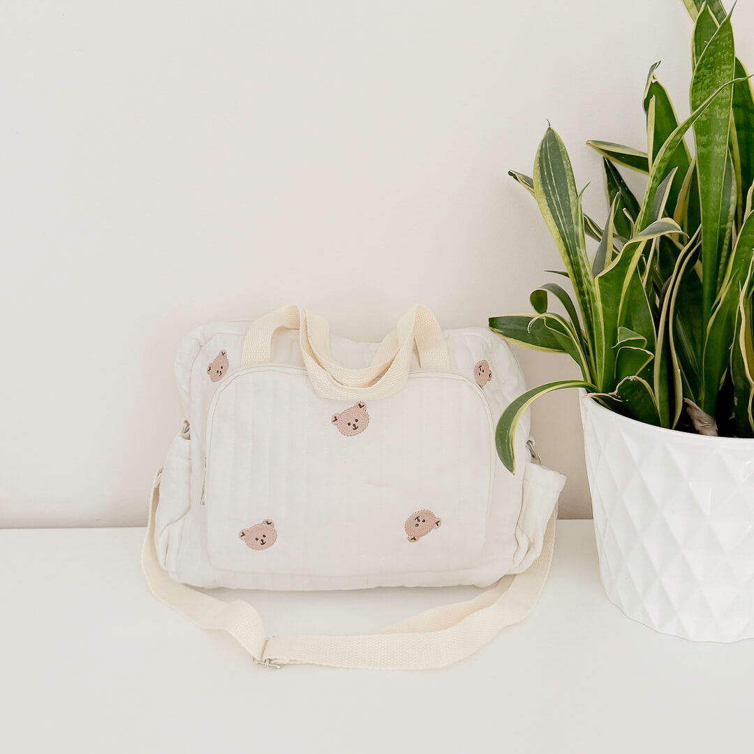 Quilted bear diaper tote bag with shoulder strap