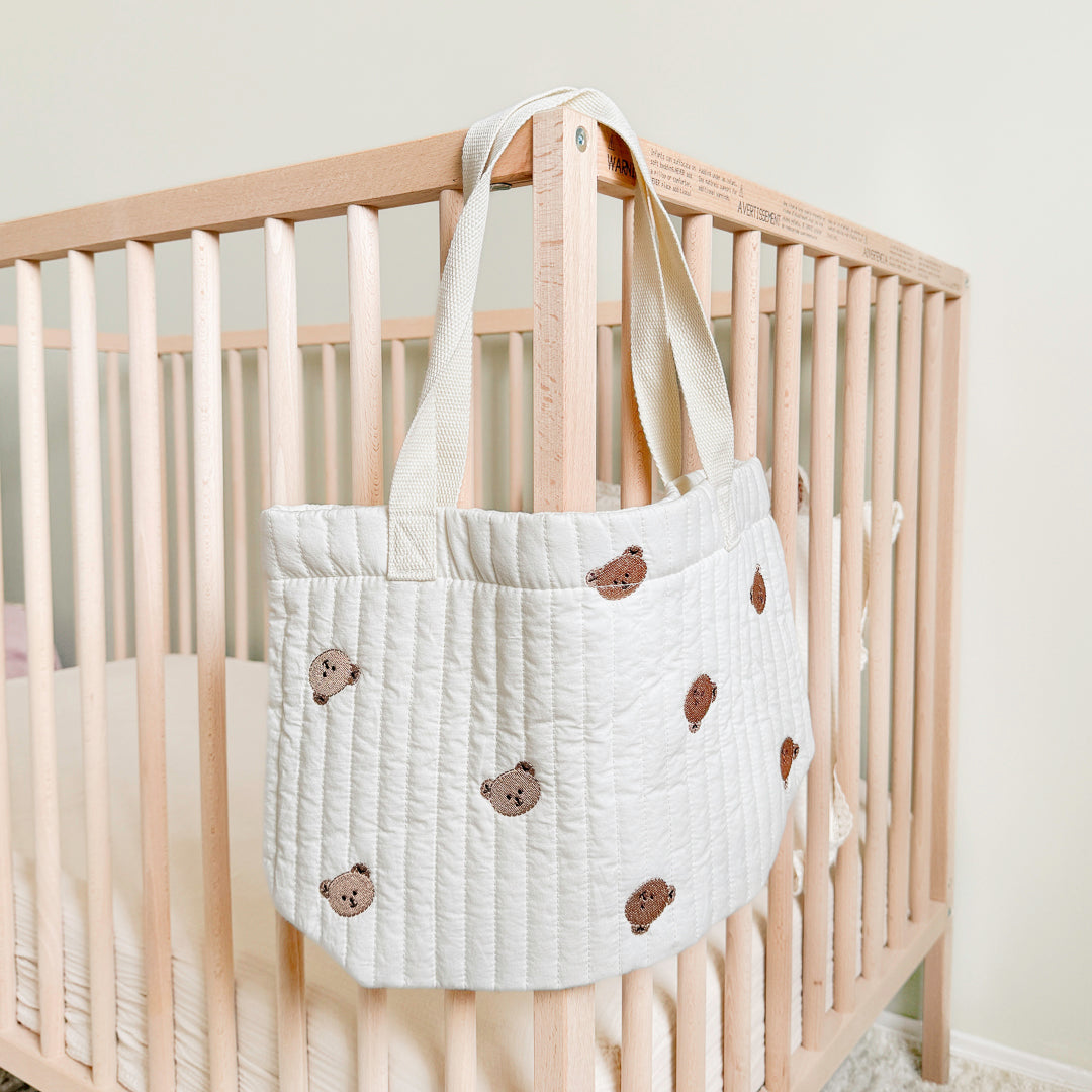 Quilted baby essentials tote bag with bear embroidery