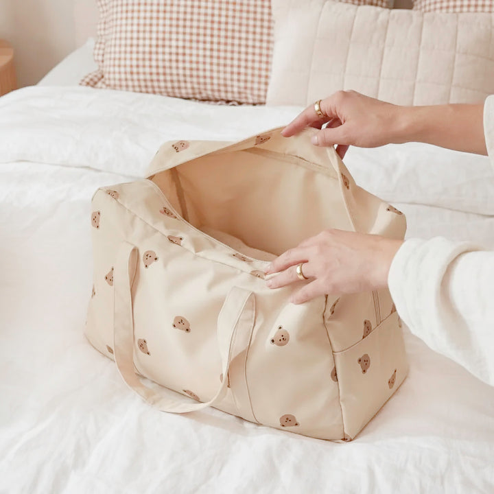 Cute travel duffle bag with bear pattern and roomy storage space