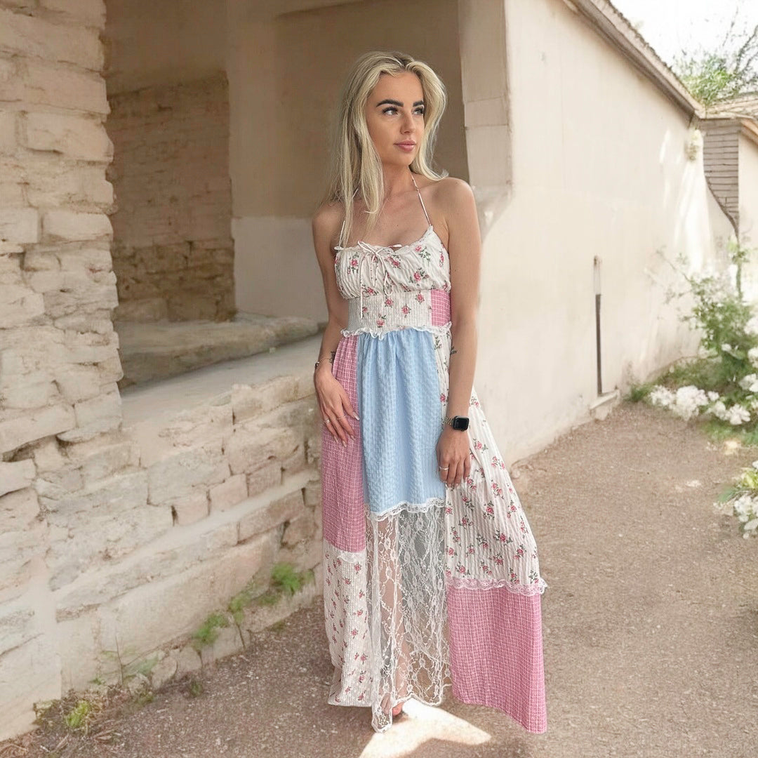 Belle Flower Patchwork Dress – Women's Floral Lace Long Maxi Dress, Backless Flowy Summer Outfit, L by Nordic Peace
