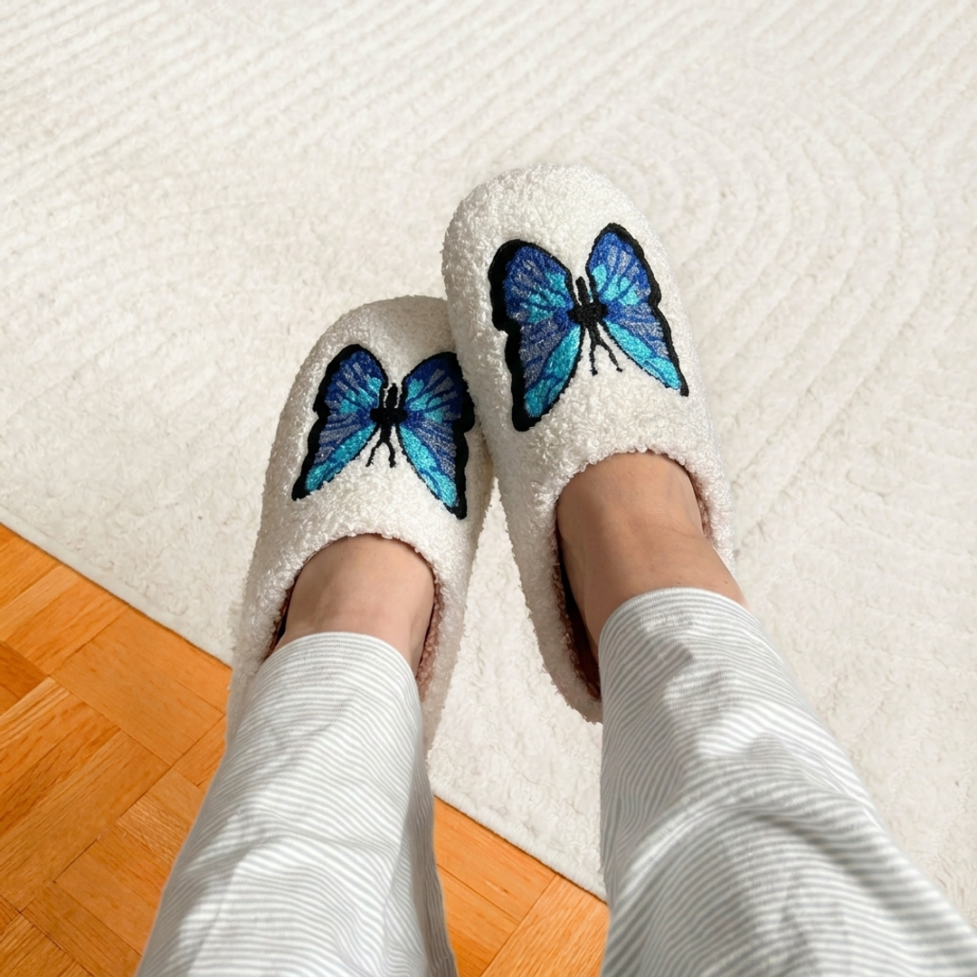 Cozy plush house slippers with butterfly design
