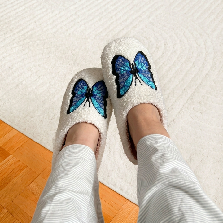 Cozy plush house slippers with butterfly design