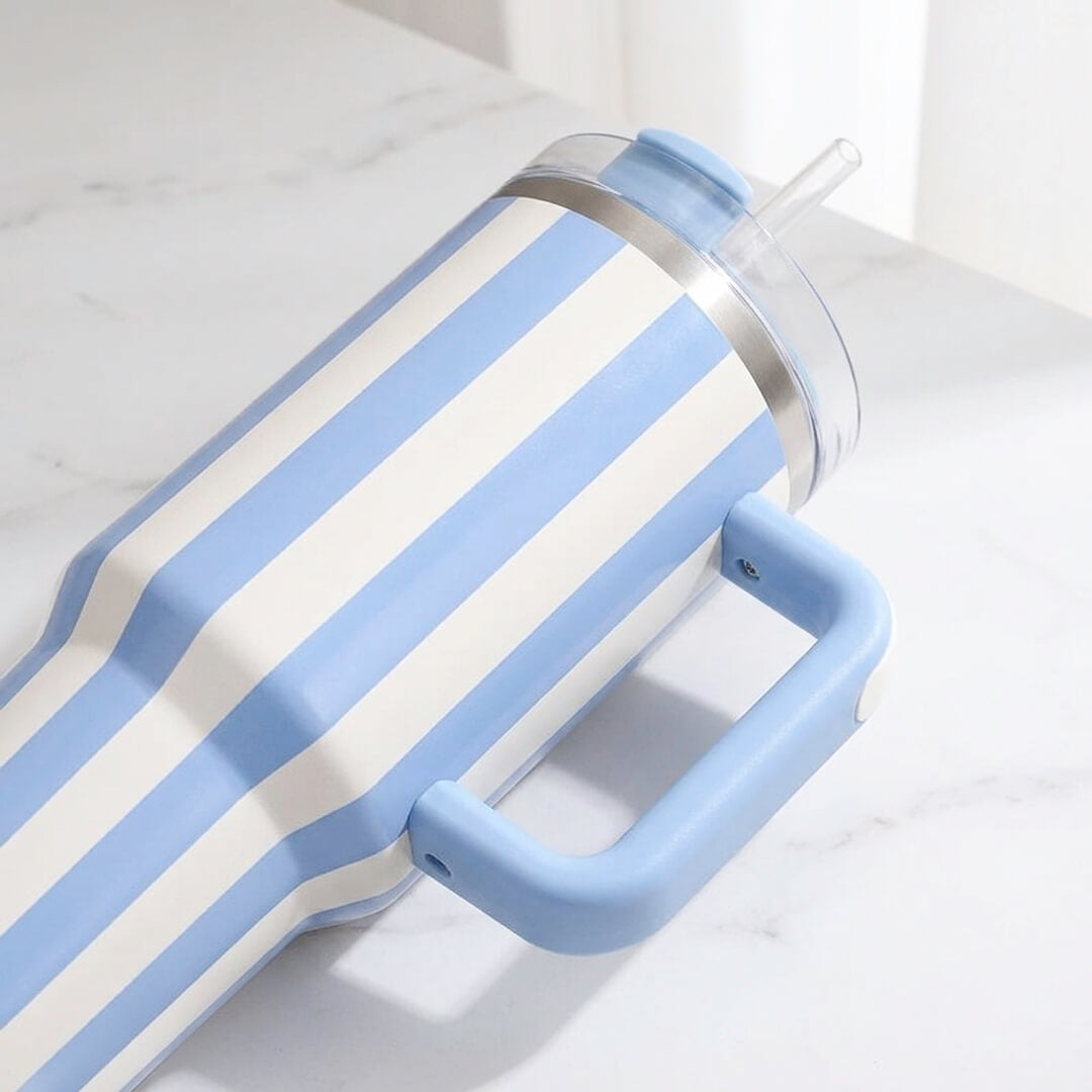 blue striped 40oz insulated tumbler with handle