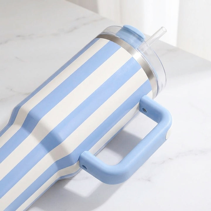 blue striped 40oz insulated tumbler with handle