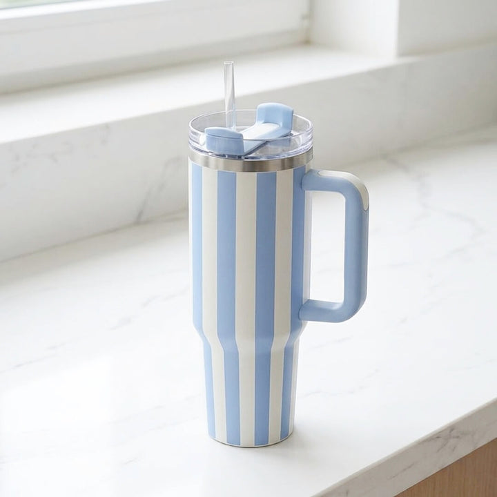 Blue striped 40oz tumbler with ergonomic handle and spill-proof lid