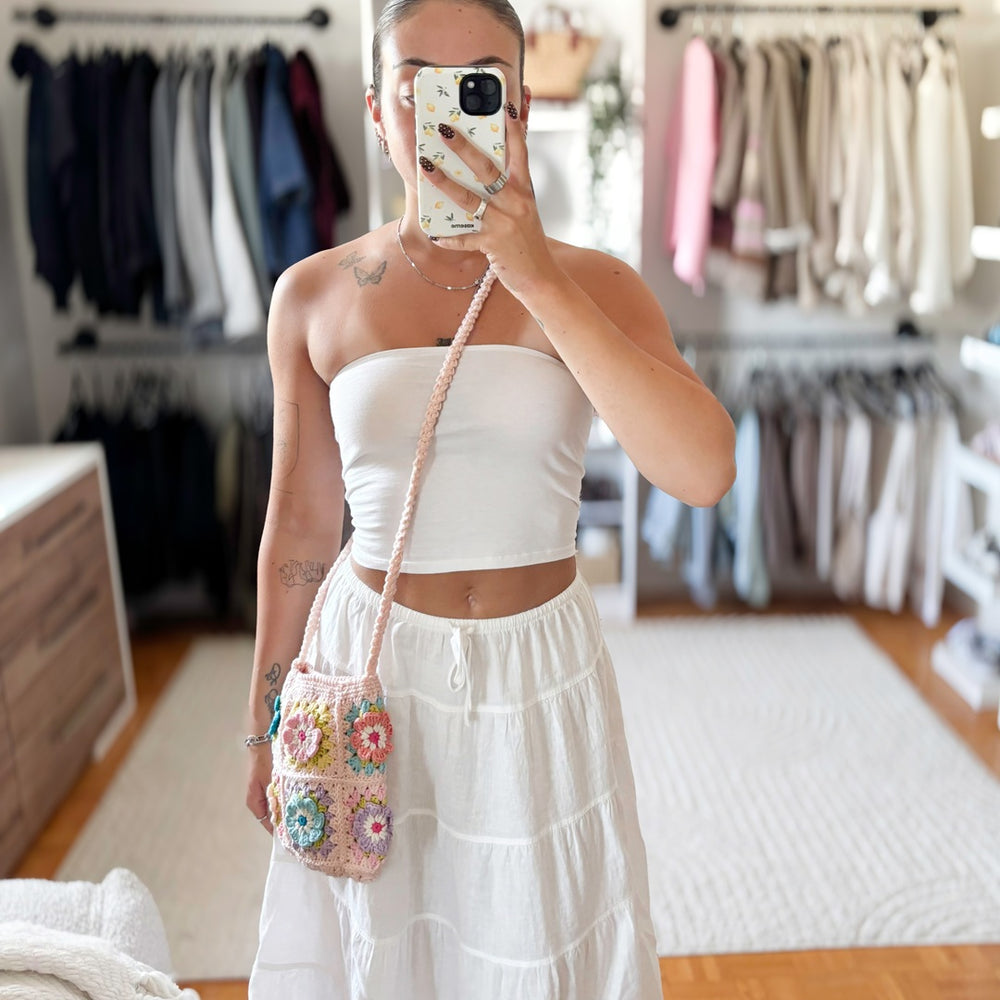 Small crossbody bag with unique handmade crochet details