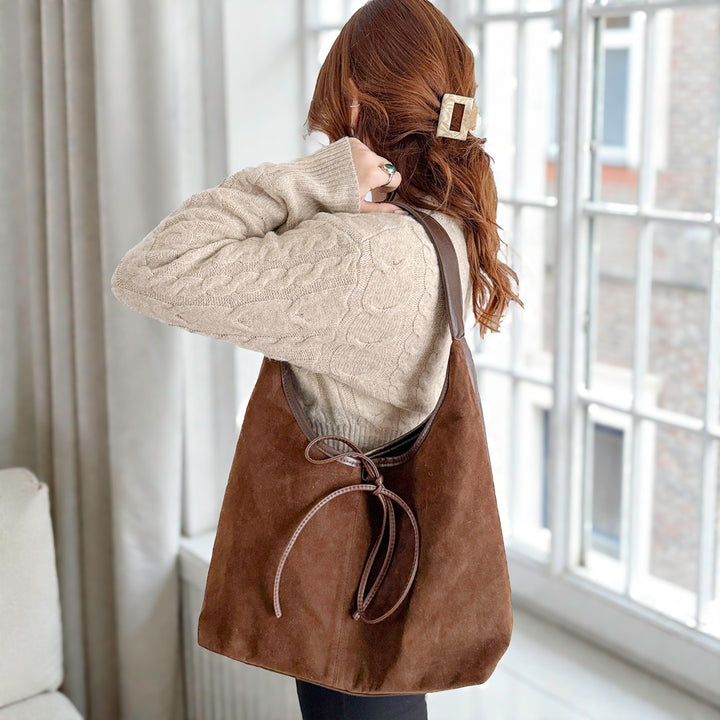 suede tote bag with decorative bow tie front