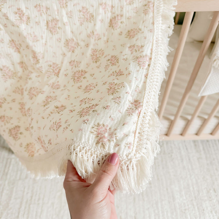 Cozy cotton baby blanket with pink floral print