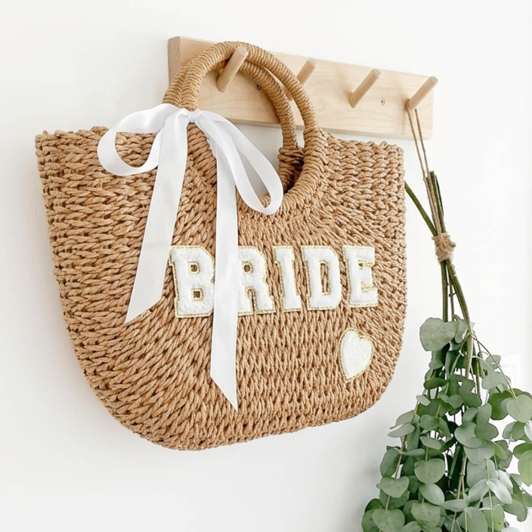 Woven straw purse for bride with gold trim