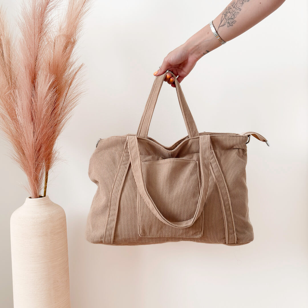 brown corduroy tote bag with adjustable crossbody strap