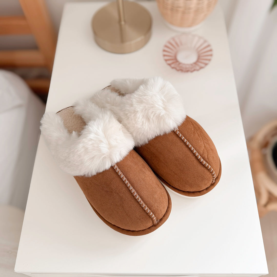 brown suede mule slippers with fluffy trim