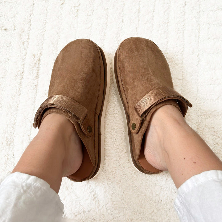 Soft suede platform clogs with adjustable back strap