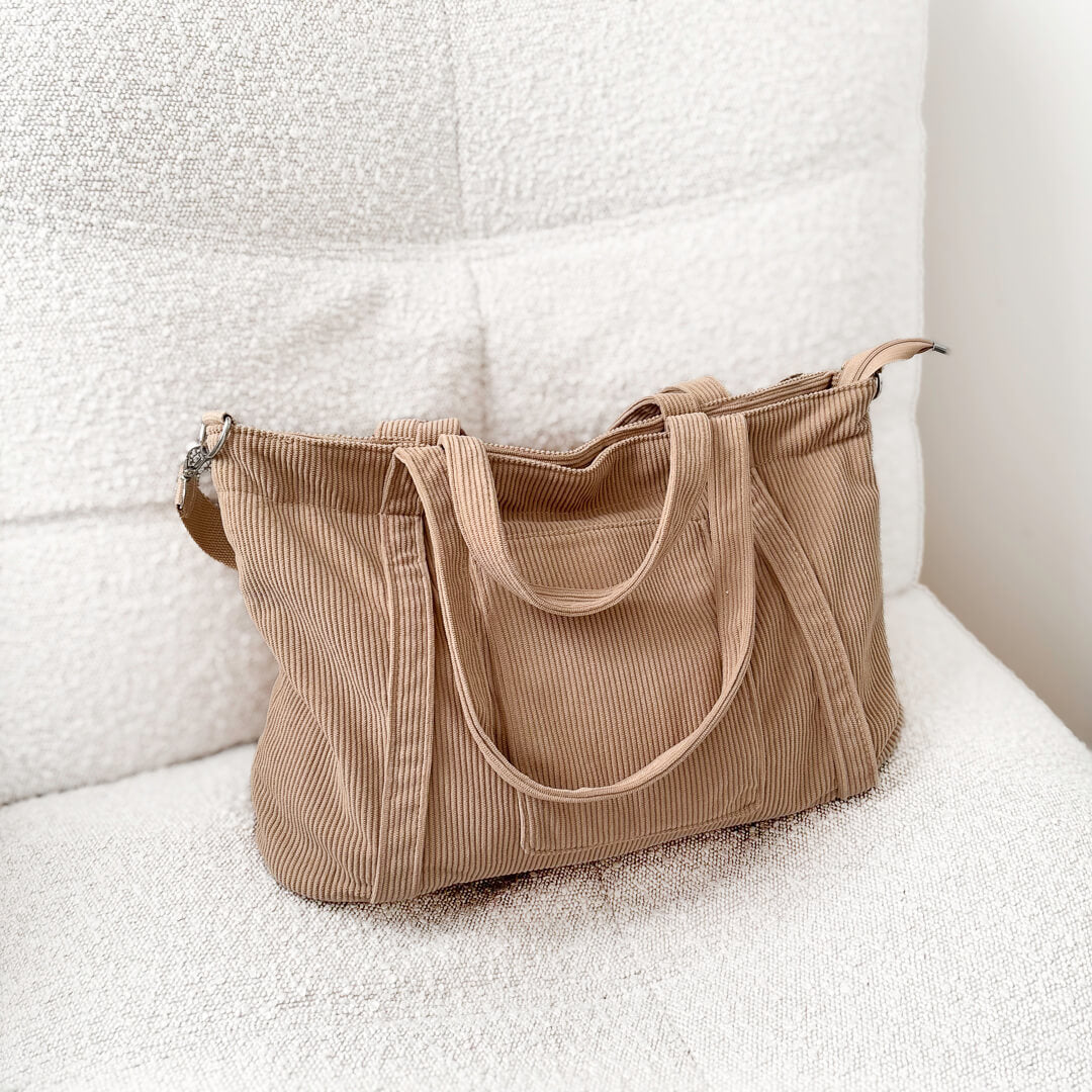 Oversized corduroy tote bag for travel, work, and weekend getaways