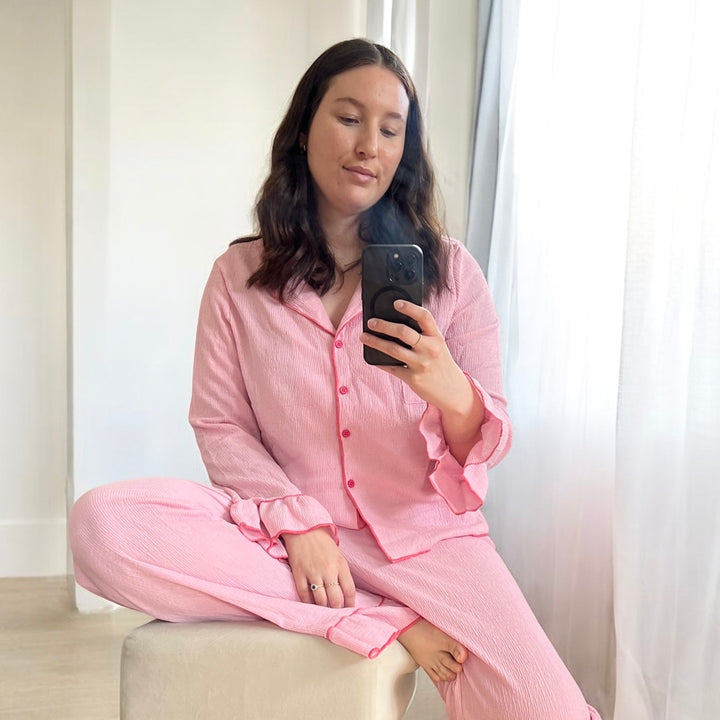 Women's comfy pink pajama set with flared hem