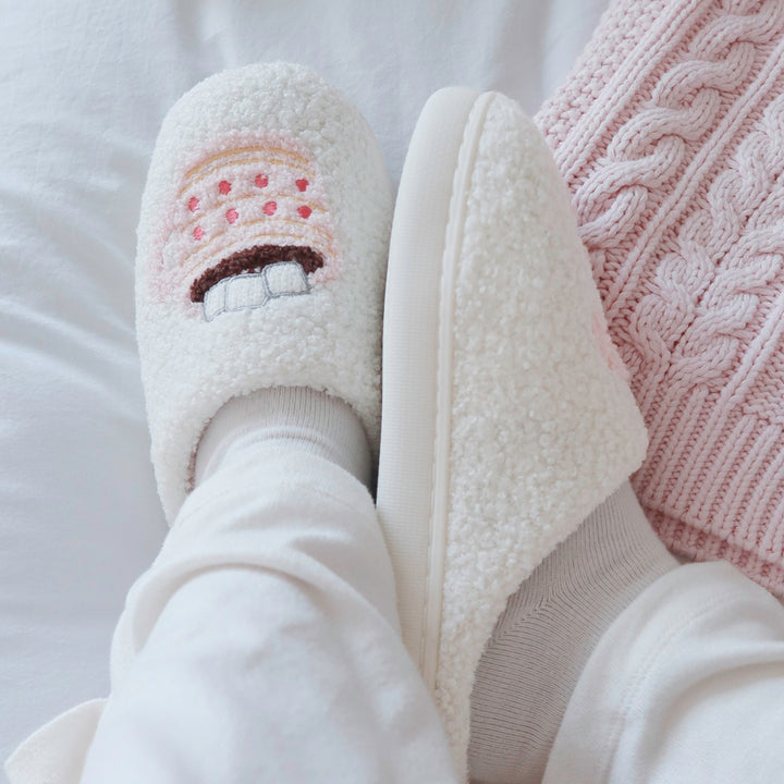 Cozy holiday slippers with gingerbread cookie and cocoa design