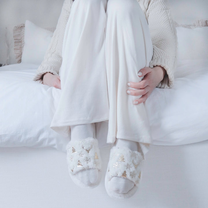White Christmas open toe slippers with gold holiday print