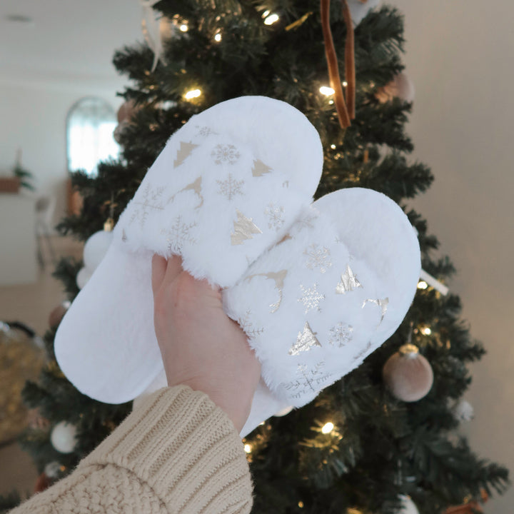 White Christmas open toe slippers