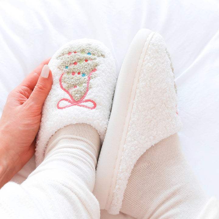 Cozy fluffy Christmas tree slippers