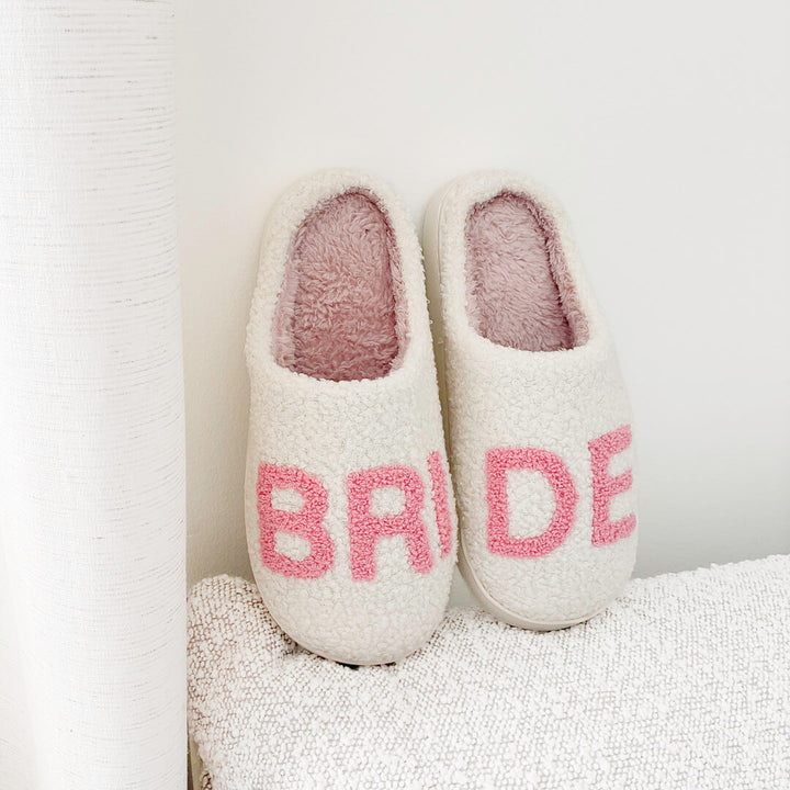 White indoor slippers with pink bride text for women