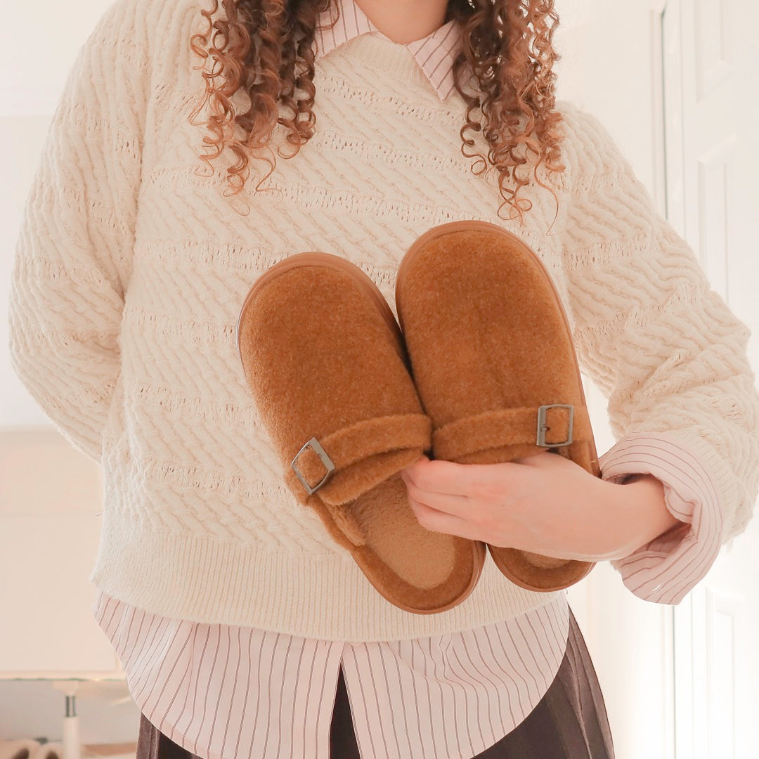 brown cozy plush house slippers for women