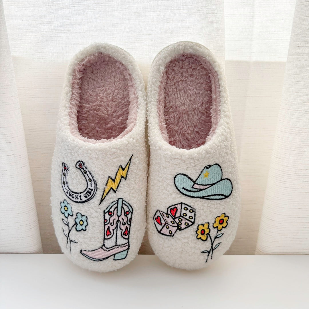 Cozy women’s slippers with cowgirl themed embroidery
