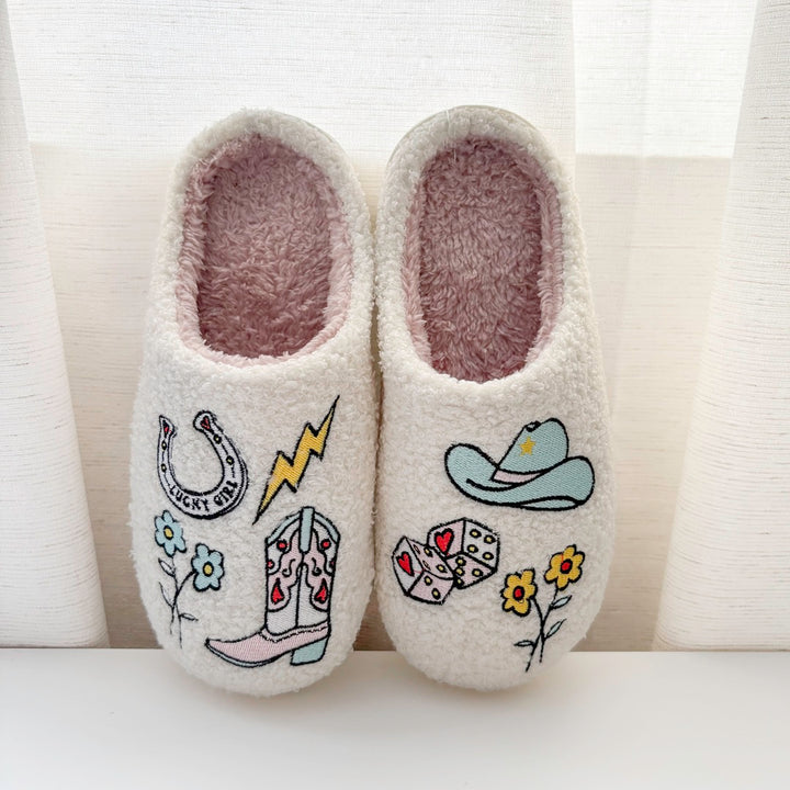 Cozy women’s slippers with cowgirl themed embroidery