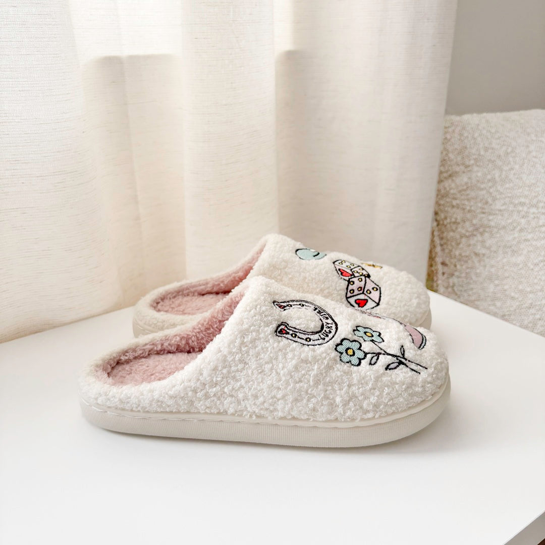 Soft indoor slippers for women with cowgirl embroidery
