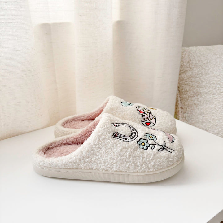 Soft indoor slippers for women with cowgirl embroidery