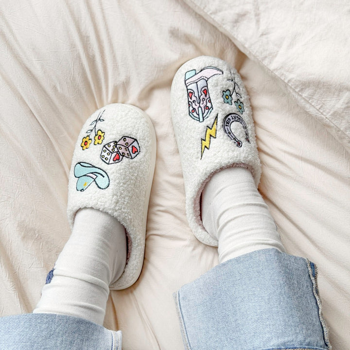 Women’s house slippers featuring western cowgirl charm details