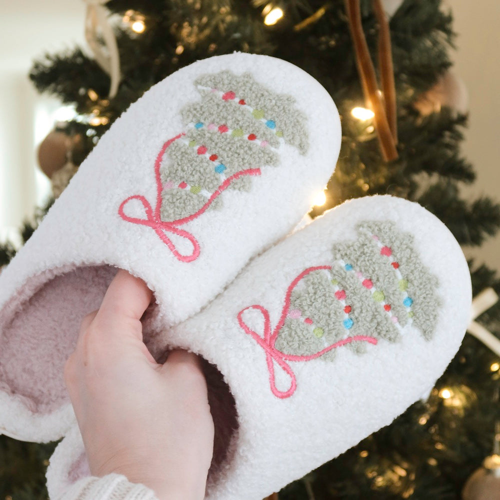 Warm winter slippers with embroidered Christmas tree