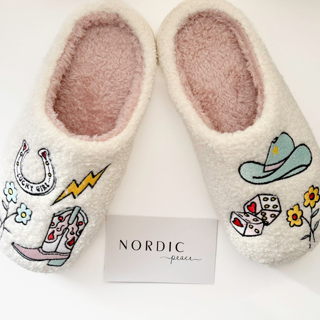 Cozy house shoes designed with cowgirl charm details