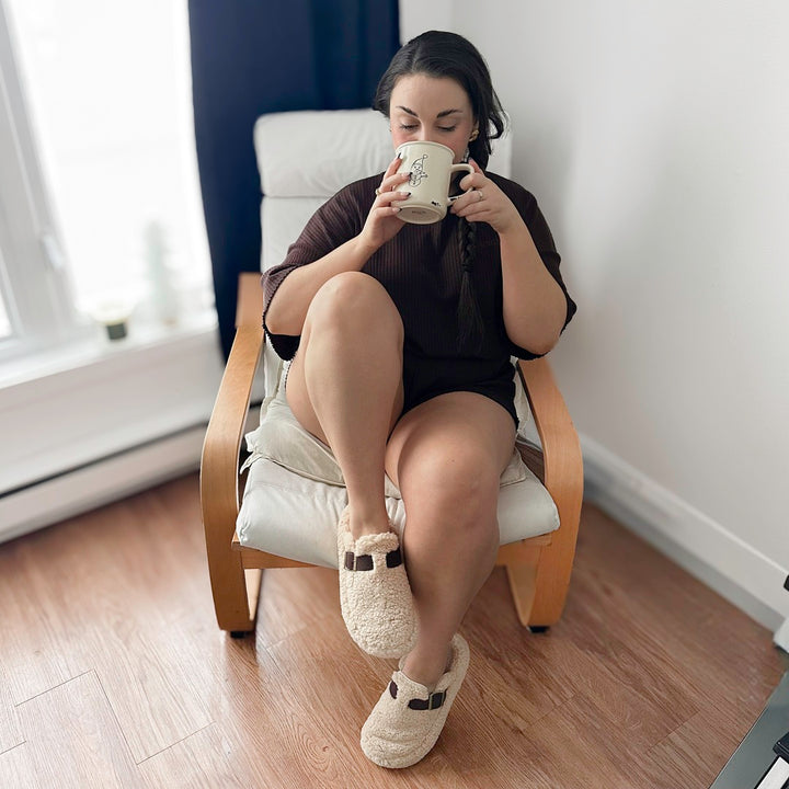 Comfortable mule house slippers with buckle detail