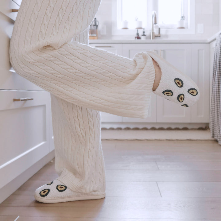 Plush cozy house shoes with avocado embroidery