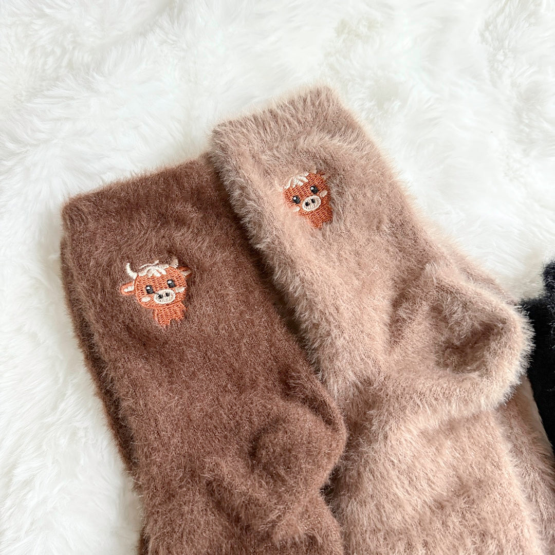 Soft knit fuzzy socks pack with adorable animal embroidery
