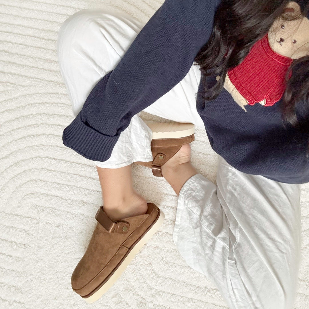 Soft suede clogs with cushioned platform sole